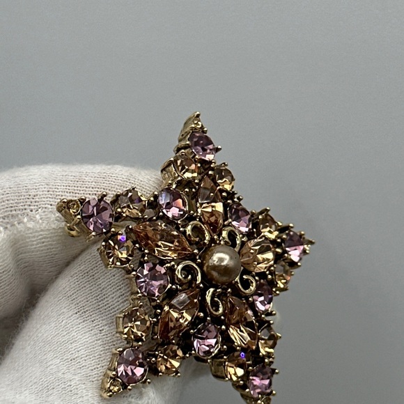Gorgeous Goldtone GRAZIANO Champagne & Pink Rhinestone STAR Brooch Pin #028 - Picture 5 of 7